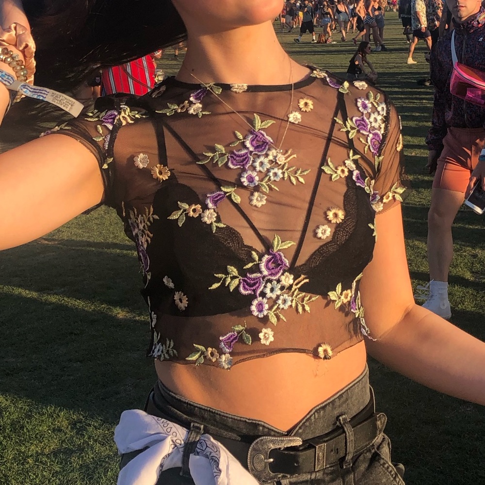 Urban Outfitters Sheer Embroidered Crop Top